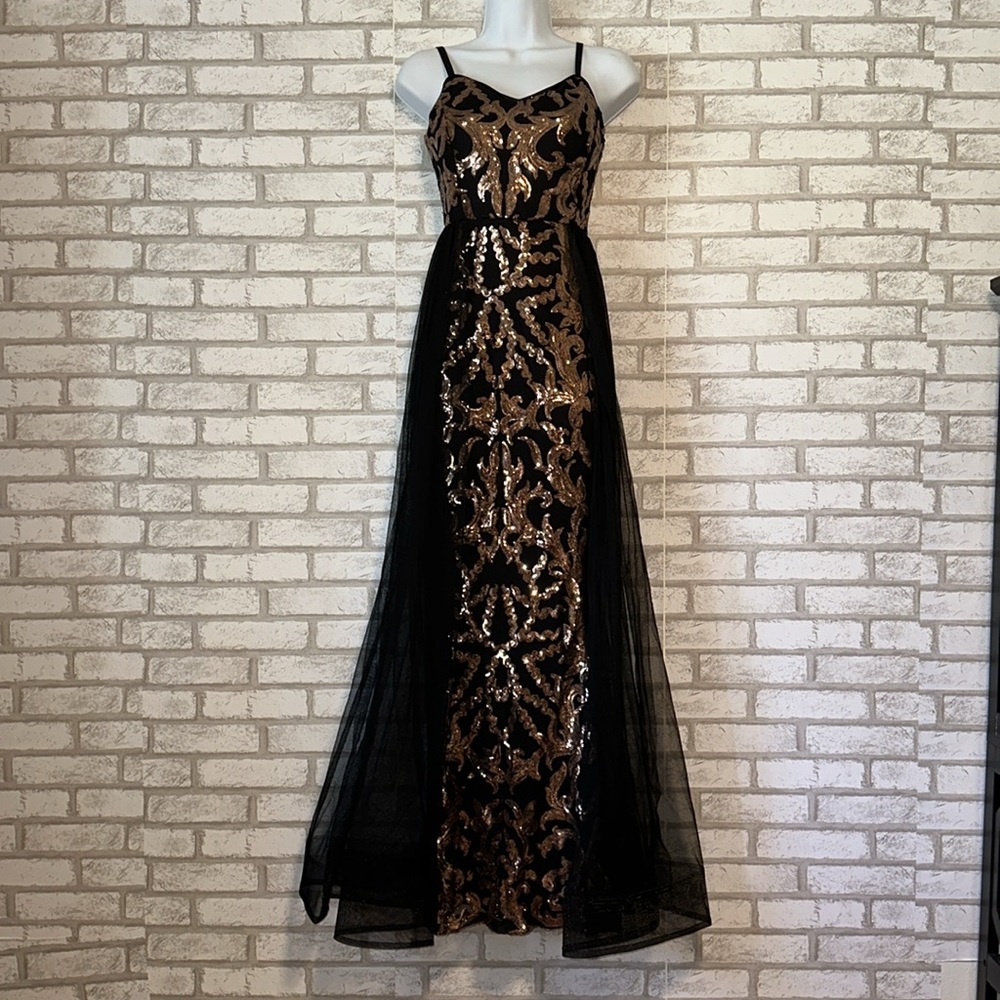 Penelope Tulle Black Gold Sequin Gown Small - Picture 4 of 9